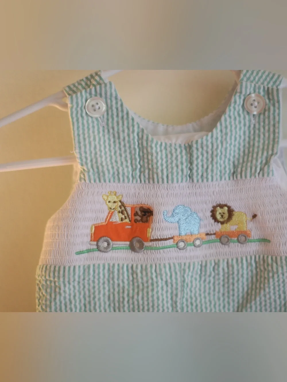 Baby Boy 3M Green Seersucker Smocked Jon Jon Romper Safari Animals Embroidered